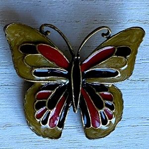 Vintage full ENAMEL and brass outlined BUTTERFLY BROOCH pin